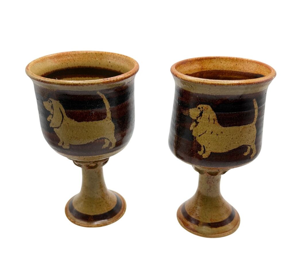 Basset Hound Goblets Chalice Studio Pottery Set Fern Signed Ceramic Dog Art Pair